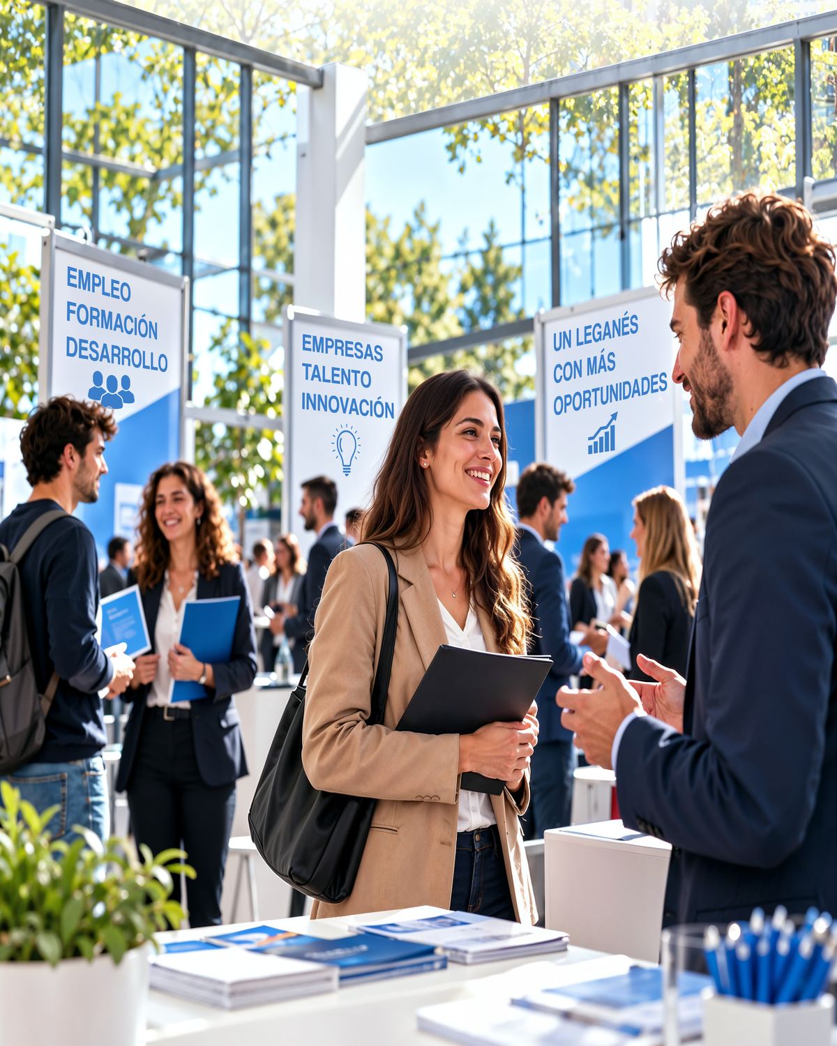 Personas conversando con equipos de selección en los estands de la feria